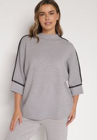 Born2be - Szary Sweter z Kontrastową Lamówką Tuselle. Okazja: na spotkanie biznesowe, do pracy. Kolor: szary. Materiał: jeans. Styl: biznesowy #3