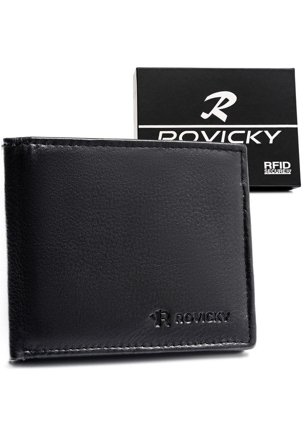 ROVICKY - Mały, czarny portfel męski ze skóry naturalnej wyposażony w system RFID - Rovicky. Kolor: czarny. Materiał: skóra