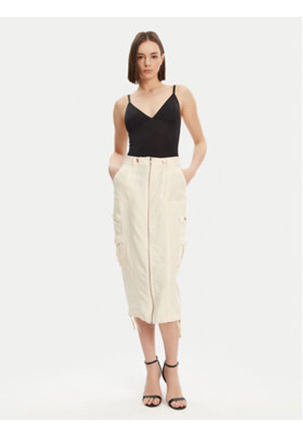 Guess Spódnica midi W5GD1H WG8N0 Beżowy Regular Fit. Kolor: beżowy. Materiał: len, lyocell