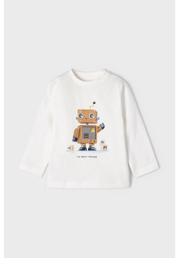 Mayoral longsleeve bawełniany dziecięcy kolor biały z nadrukiem. Okazja: na co dzień. Kolor: biały. Materiał: bawełna. Długość rękawa: długi rękaw. Wzór: nadruk. Styl: casual