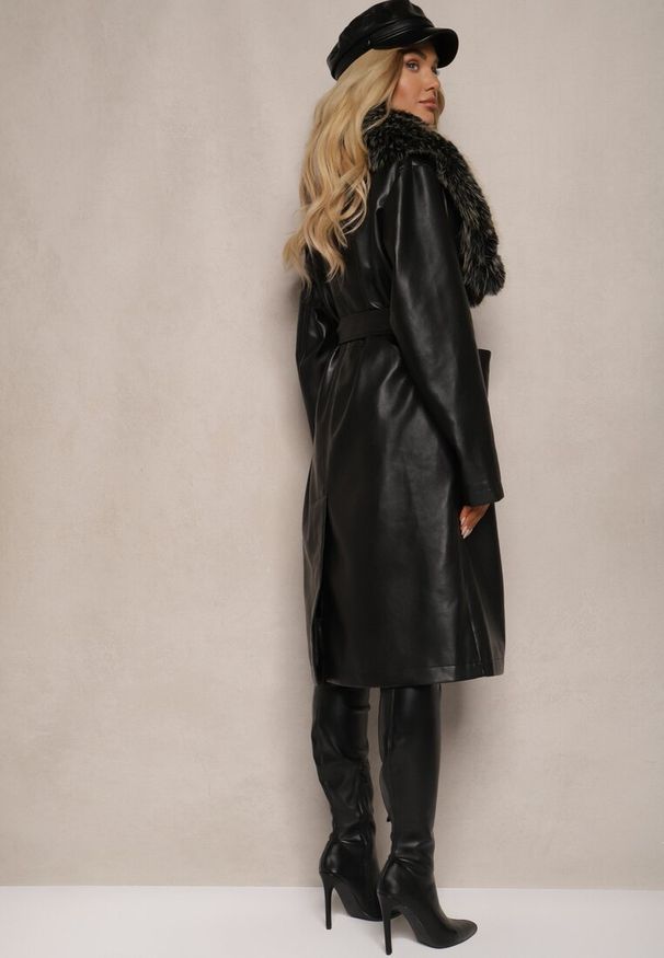 Renee - Czarny Płaszcz z Ekoskóry o Jednorzędowym Kroju z Odpinanym Futrem i Wiązanym Paskiem Semithlin. Okazja: na co dzień. Kolor: czarny. Materiał: futro. Długość rękawa: długi rękaw. Długość: długie. Styl: elegancki, casual, klasyczny
