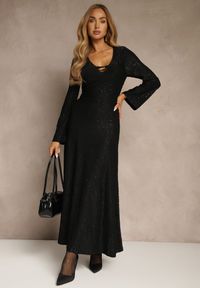 Renee - Czarna Rozkloszowana Sukienka Longsleeve w Zebrę Zdobiona Brokatem Mevilisa. Kolor: czarny. Długość rękawa: długi rękaw. Wzór: motyw zwierzęcy, aplikacja. Styl: klasyczny