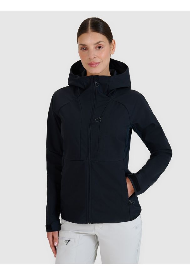 4f - 4F Kurtka softshell wiatroodporna membrana 10000 damska - czarna L. Typ kołnierza: kaptur. Kolor: czarny. Materiał: softshell. Długość rękawa: raglanowy rękaw. Technologia: Windstopper. Sezon: zima. Sport: wspinaczka