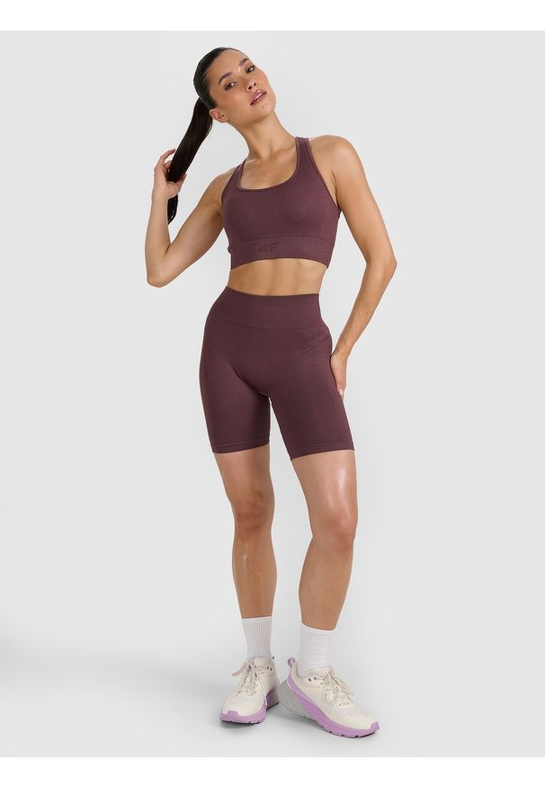 4f - 4F Legginsy kolarki treningowe bezszwowe damskie - brązowe XS/S. Stan: podwyższony. Kolor: brązowy. Materiał: dzianina, materiał, syntetyk, włókno, elastan. Wzór: gładki, ze splotem. Sport: fitness