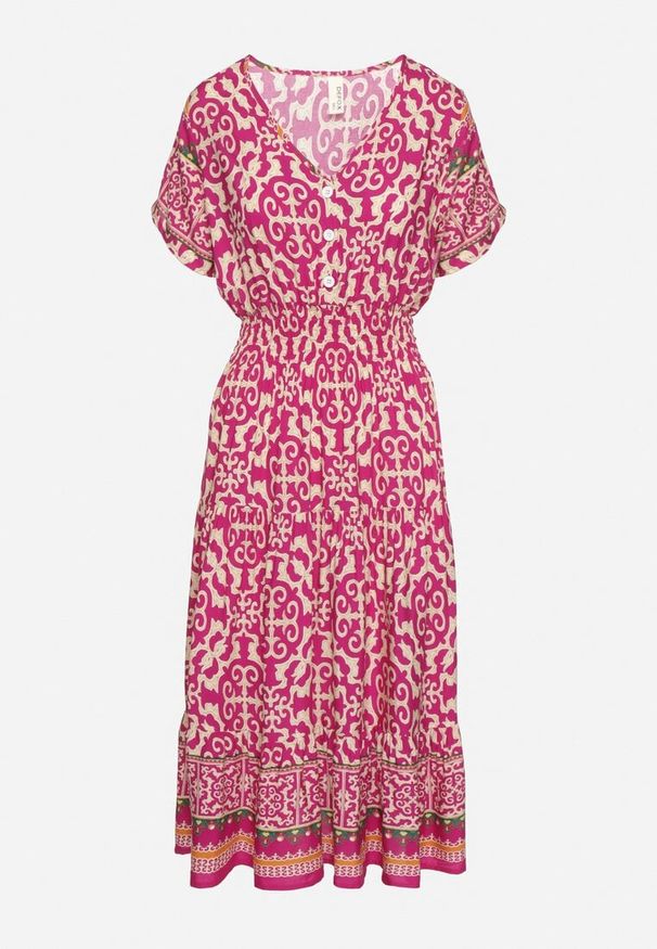 Born2be - Fioletowa Bawełniana Sukienka z Guzikami i Ornamentnym Wzorem Zisselle. Kolor: fioletowy. Materiał: bawełna