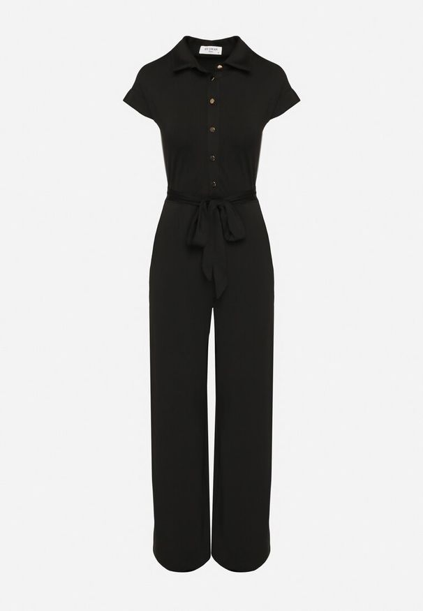 Born2be - Czarny Koszulowy Kombinezon z Wiskozą z Krótkim Rękawem i Paskiem Minorita. Okazja: na spacer. Kolor: czarny. Materiał: wiskoza. Długość rękawa: krótki rękaw. Długość: krótkie. Styl: elegancki, klasyczny