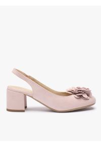 Ryłko - Jasnoróżowe czółenka bez pięty slingback z kwiatem. Okazja: na co dzień, na imprezę. Nosek buta: okrągły. Kolor: różowy. Wzór: kwiaty. Materiał: skóra, welur. Sezon: lato. Obcas: na obcasie. Styl: casual, street. Wysokość obcasa: średni #1