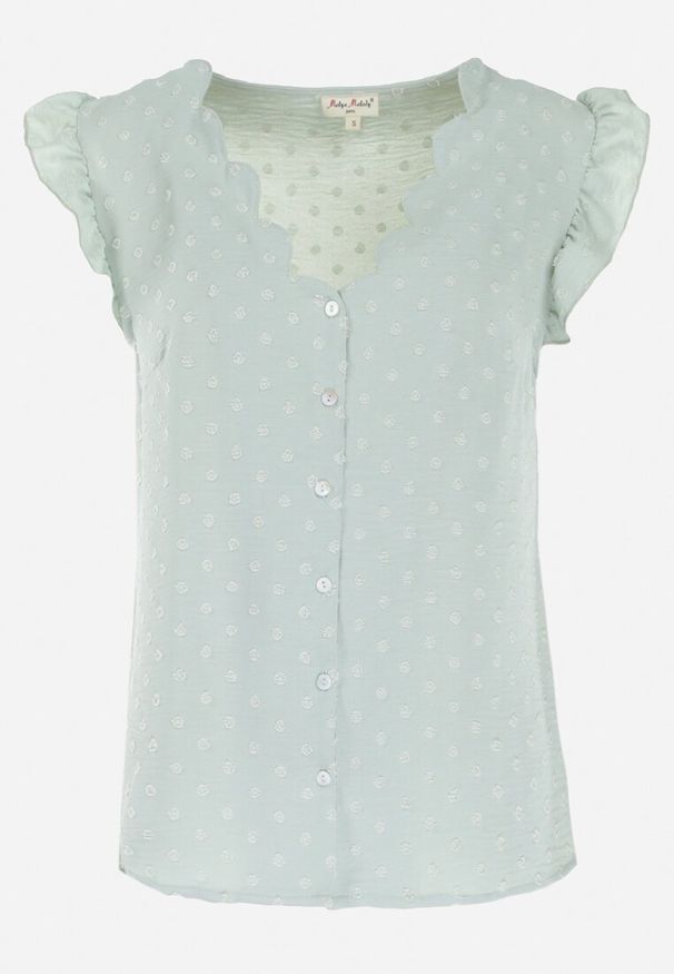 Born2be - Zielona Bluzka Top z Tkaniny Plumeti z Falbankami przy Ramionach Fatalie. Okazja: na co dzień. Typ kołnierza: kołnierz z falbankami. Kolor: zielony. Materiał: tkanina. Styl: casual