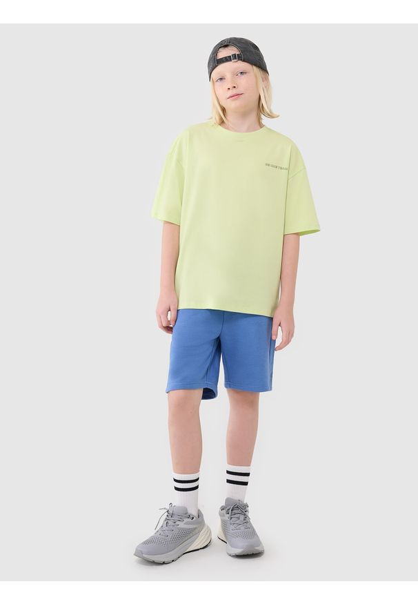 4f - 4F T-shirt oversize z napisem chłopięcy - zielony 146 (10-11 lat). Okazja: na co dzień. Kolor: zielony. Materiał: dzianina, bawełna, jersey. Długość rękawa: krótki rękaw. Długość: krótkie. Wzór: napisy. Sezon: lato. Styl: klasyczny, sportowy, casual