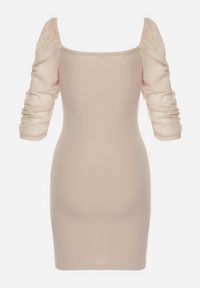 Born2be - Beżowa Bawełniana Dopasowana Sukienka Mini z Przeźroczystymi Rękawami 3/4 Ferdiana. Okazja: na imprezę. Kolor: beżowy. Materiał: bawełna. Typ sukienki: dopasowane. Styl: elegancki. Długość: mini #5