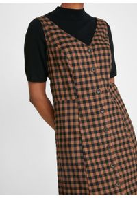 Sukienka z tkaniny z plisą guzikową bonprix brązowy mokka w kratę. Typ kołnierza: dekolt w serek. Kolor: brązowy. Materiał: tkanina, poliester, elastan, wiskoza, materiał #3