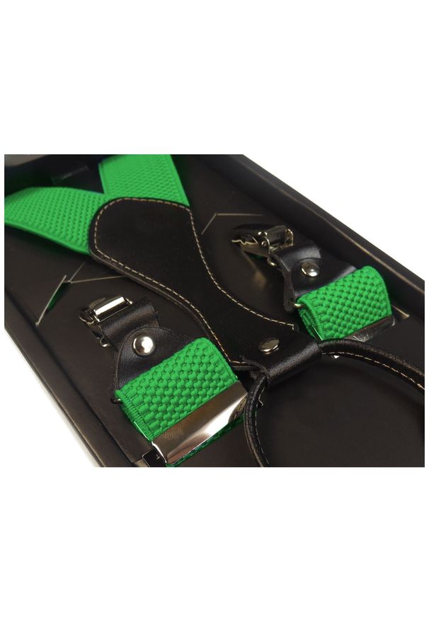 Modini - Zielone szelki męskie do spodni SZ8. Kolor: zielony. Materiał: skóra, guma