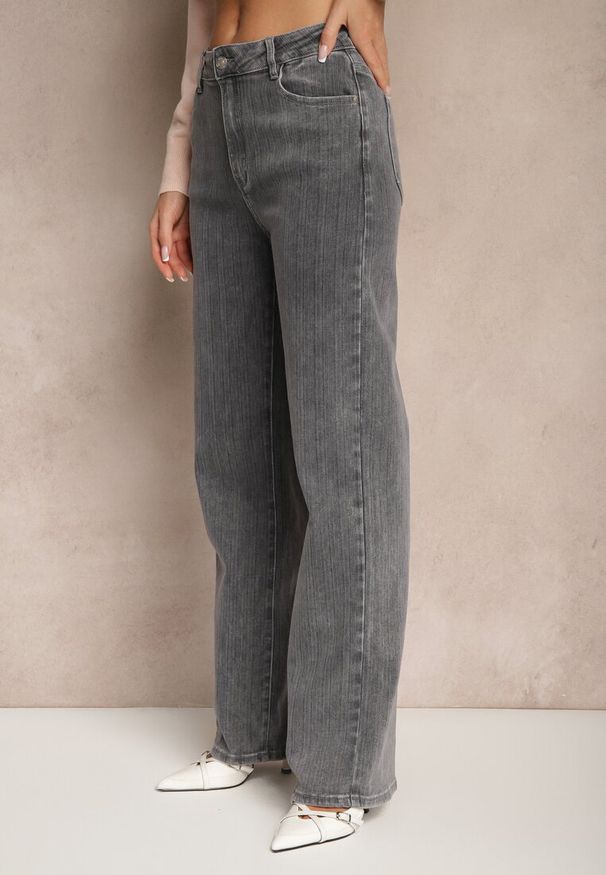 Renee - Ciemnoszare Jeansy High Waist o Szerokim Kroju Tirfia. Okazja: na co dzień. Stan: podwyższony. Kolor: szary. Styl: elegancki, casual