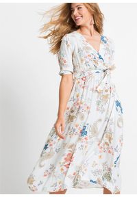 bonprix - Sukienka midi z lejącej wiskozy. Kolor: biały. Materiał: wiskoza. Długość rękawa: krótki rękaw. Wzór: kwiaty. Długość: midi #2