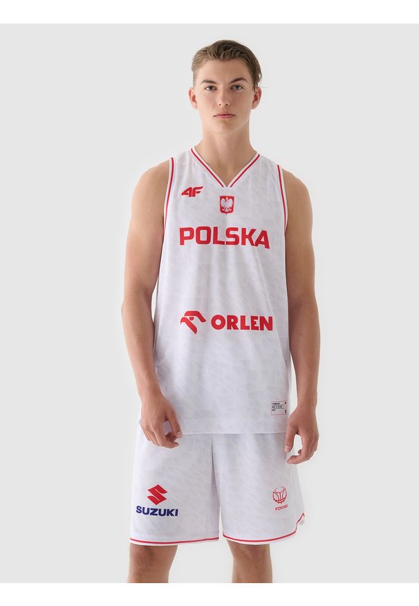4f - 4F Koszulka reprezentacyjna męska 4F x PZKOSZ 2024 - biała 3XL. Typ kołnierza: dekolt w serek. Kolor: wielokolorowy. Materiał: dzianina, włókno, materiał, syntetyk. Długość rękawa: na ramiączkach. Wzór: gładki, nadruk, ze splotem. Sport: koszykówka, fitness