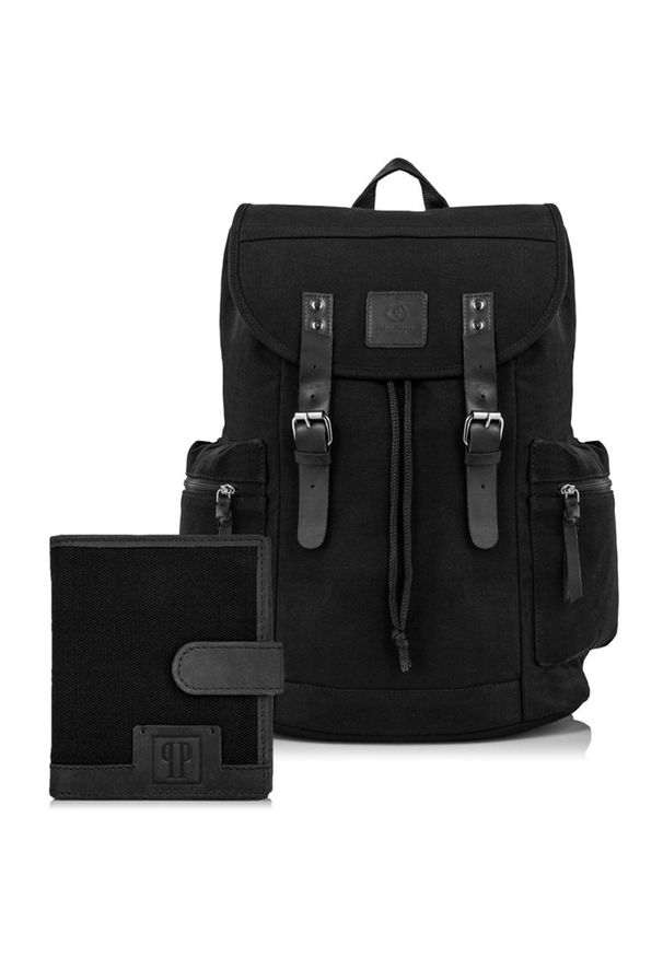 Zestaw męski czarny plecak i portfel PAOLO PERUZZI ZUP-22-BL. Kolor: czarny. Materiał: materiał. Styl: wizytowy