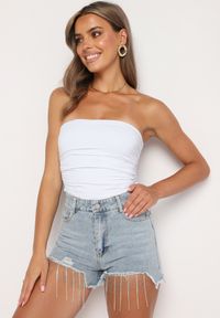 Born2be - Jasnoniebieskie Bawełniane Szorty Jeansowe z Wysokim Stanem i Cyrkoniami Noemelba. Okazja: na co dzień. Stan: podwyższony. Kolor: niebieski. Materiał: bawełna, jeans. Wzór: aplikacja. Styl: klasyczny, casual #7