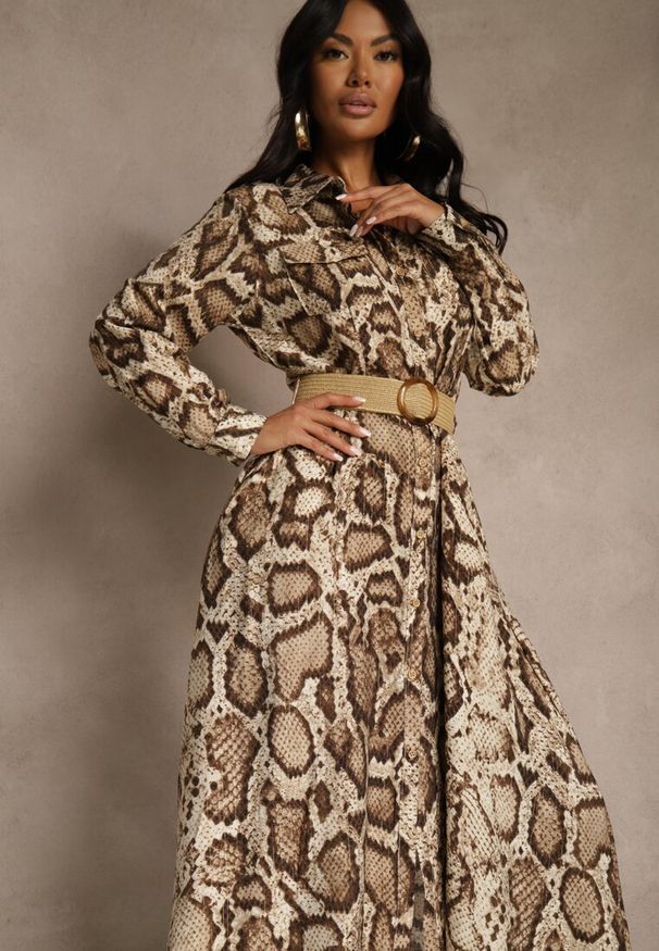 Renee - Brązowa Koszulowa Sukienka Snake Print z Wiskozą i Paskiem Bririn. Okazja: na co dzień. Kolor: brązowy. Materiał: wiskoza. Wzór: nadruk. Typ sukienki: koszulowe. Styl: casual