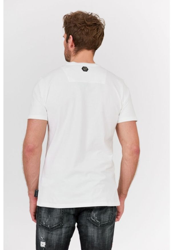Philipp Plein - PHILIPP PLEIN Biały t-shirt męski Platinum cut round neck space plein, Rozmiar L. Kolor: biały. Materiał: prążkowany. Wzór: aplikacja