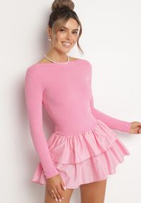 Born2be - Różowa Rozkloszowana Sukienka z Długim Rękawem i Falbanką Reonaria. Okazja: na co dzień. Kolor: różowy. Długość rękawa: długi rękaw. Styl: casual, elegancki #4