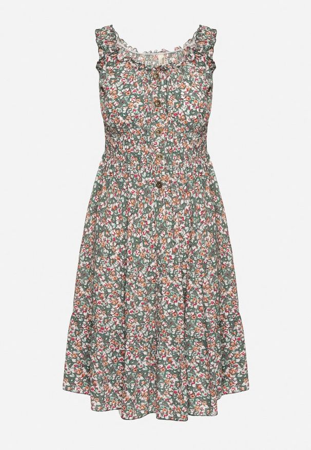 Born2be - Zielono-Różowa Rozkloszowana Sukienka z Bawełny Wykończona Gumką w Talii Nelaris. Okazja: na imprezę, na randkę. Typ kołnierza: dekolt hiszpanka. Kolor: zielony. Materiał: bawełna. Długość rękawa: na ramiączkach. Styl: boho