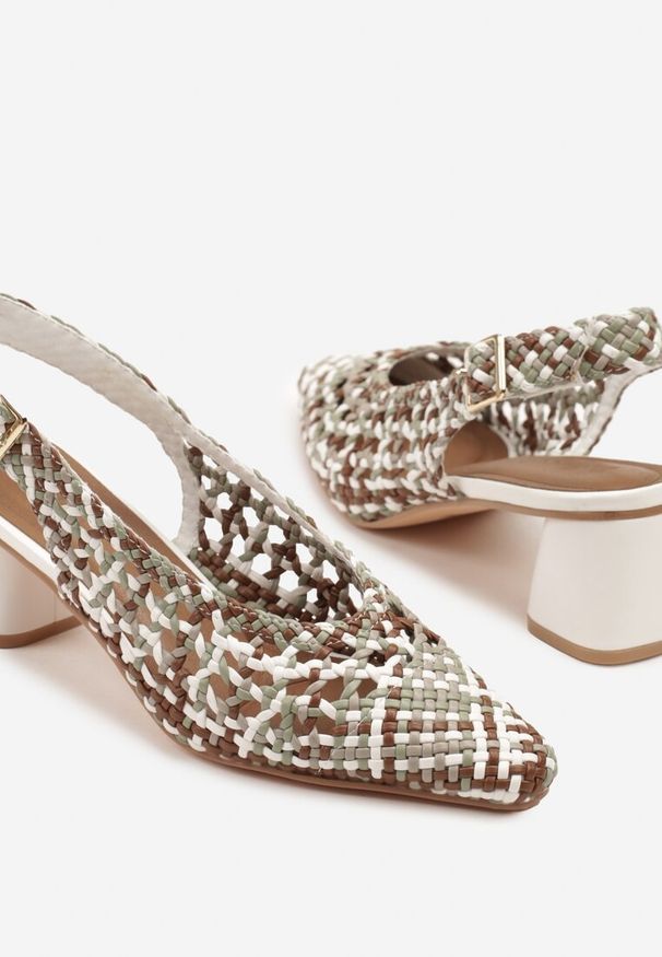 Renee - Brązowo-Białe Sandały na Słupku Slingback Ozdobione Plecioną Cholewką Linaiana. Okazja: na imprezę, na spotkanie biznesowe. Zapięcie: sprzączka. Kolor: brązowy. Wzór: aplikacja. Sezon: lato. Obcas: na słupku. Styl: biznesowy, klasyczny, elegancki
