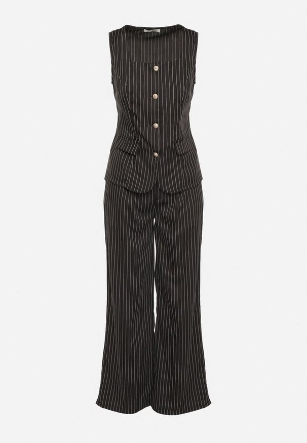 Born2be - Czarny Komplet Garniturowy Szerokie Spodnie i Top Typu Kamizelka Inisse. Kolor: czarny. Materiał: jeans