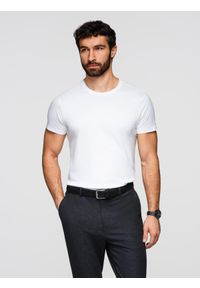 Ombre Clothing - Męski klasyczny bawełniany T-shirt BASIC - biały V4 - Rozmiar: L. Okazja: na co dzień. Kolor: biały. Materiał: bawełna. Styl: klasyczny