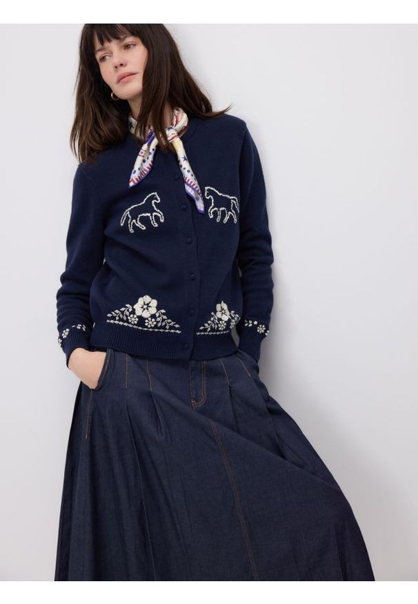 Reserved - Bawełniany kardigan z haftem - granatowy. Kolor: niebieski. Materiał: bawełna. Wzór: haft