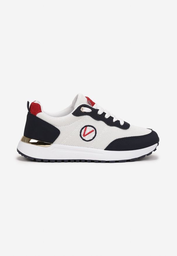 Renee - Biało-Granatowe Sneakersy z Haftowaną Naszywką i Metaliczną Wstawką Elnara. Okazja: na co dzień. Kolor: biały. Materiał: jeans. Wzór: aplikacja, haft