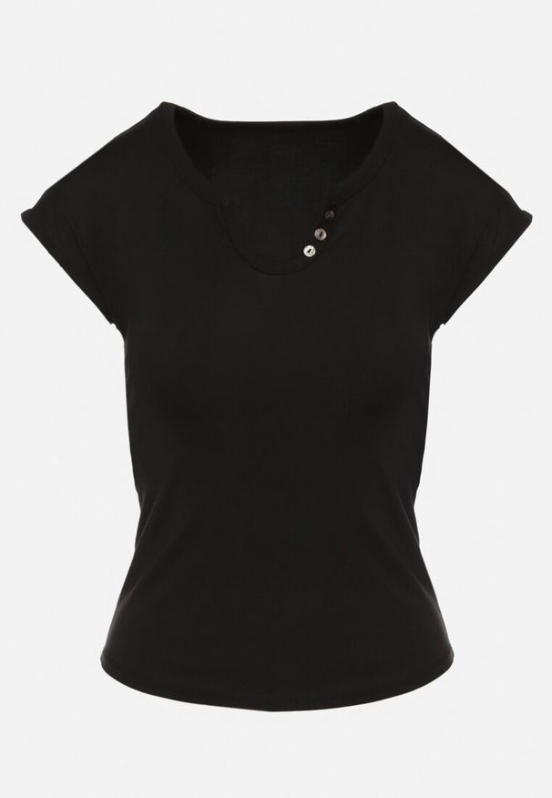 Born2be - Czarny T-shirt o Dopasowanym Kroju z Wycięciem i Guzikami przy Dekolcie Ballirea. Okazja: na co dzień. Kolor: czarny. Materiał: jeans. Wzór: aplikacja. Styl: elegancki, casual