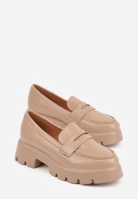 Renee - Ciemnobeżowe Mokasyny na Platformie z Tłoczeniem Guinelle. Kolor: beżowy. Materiał: jeans. Sezon: wiosna. Obcas: na platformie #2
