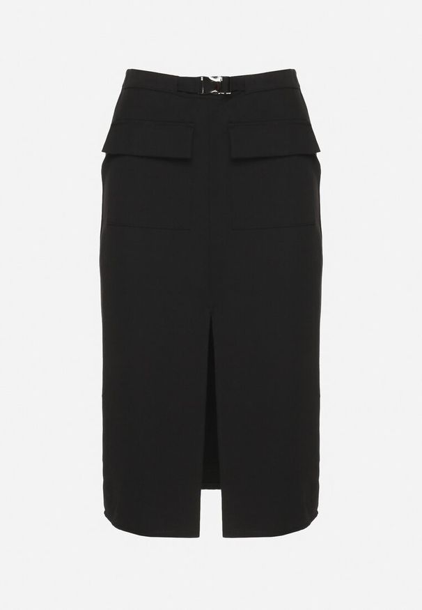 Born2be - Czarna Ołówkowa Spódnica z Wiskozą Ozdobiona Kieszeniami z Klapami Attenelle. Okazja: na spotkanie biznesowe, do pracy, na co dzień. Kolor: czarny. Materiał: wiskoza. Wzór: aplikacja. Styl: elegancki, casual, biznesowy