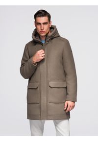 Ombre Clothing - Męski płaszcz parka z wełną i kapturem - khaki V2 - Rozmiar: M. Typ kołnierza: kaptur. Kolor: brązowy. Materiał: wełna. Wzór: ze splotem. Styl: elegancki
