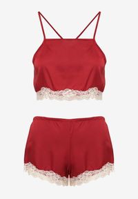 Renee - Bordowy Komplet Piżamowy Krótki Wiązany Top na Ramiączkach Szorty z Gumką w Talii Tiseria. Kolekcja: plus size. Kolor: czerwony. Materiał: materiał. Długość: krótkie #4