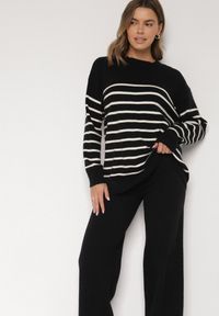 Born2be - Czarny Komplet z Wełną i Bawełną Sweter w Paski i Szerokie Spodnie Neveena. Kolor: czarny. Materiał: wełna, bawełna. Wzór: paski #3