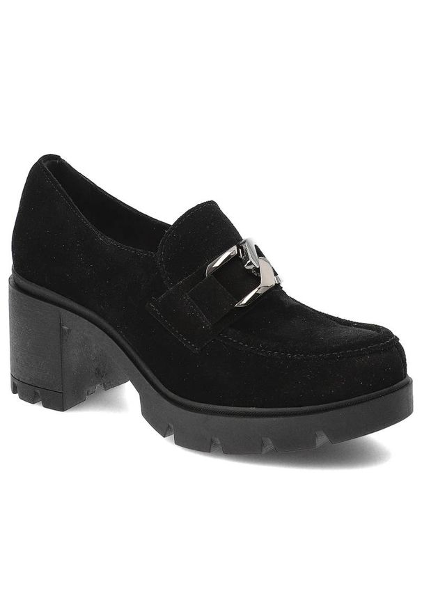Czarne Półbuty Lemar Damskie Eleganckie Buty. Zapięcie: klamry. Kolor: czarny. Materiał: zamsz. Obcas: na obcasie. Styl: elegancki. Wysokość obcasa: średni