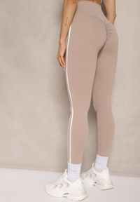 Renee - Beżowe Legginsy High Waist z Push-Upem z Elastycznego Materiału z Lampasami Ateria. Okazja: na co dzień, na spacer. Stan: podwyższony. Kolor: beżowy. Materiał: materiał. Styl: casual #4