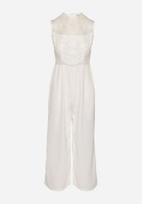 Born2be - Biały Kombinezon Bez Rękawów z Szeroką Nogawką i Siateczkowymi Zdobieniami Nalavie. Okazja: na imprezę, na co dzień. Kolor: biały. Materiał: skóra. Długość rękawa: bez rękawów. Wzór: aplikacja. Styl: elegancki, casual #7