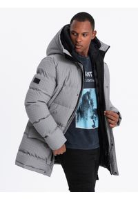 Ombre Clothing - Długa męska kurtka parka ze strukturalnej tkaniny – szara V2 OM-JALJ-0201 - XXL. Kolor: szary. Materiał: tkanina. Długość: długie. Wzór: aplikacja #4