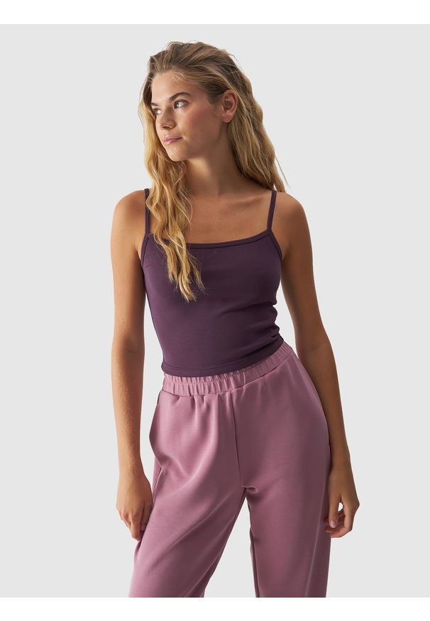 4f - 4F Crop-top slim gładki z modalem damski - fioletowy M. Kolor: fioletowy. Materiał: jersey, materiał, dzianina, syntetyk. Długość rękawa: na ramiączkach. Wzór: gładki