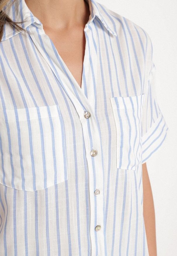 Born2be - Niebieska Koszula z Lnu i Wiskozy o Kroju Oversize Restia. Okazja: na co dzień, do pracy, na spotkanie biznesowe. Typ kołnierza: kołnierzyk klasyczny. Kolor: niebieski. Materiał: wiskoza, len. Sezon: wiosna, lato. Styl: klasyczny, casual, biznesowy, elegancki