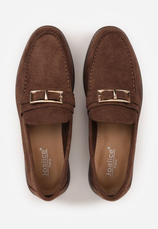 Renee - Brązowe Mokasyny Ozdobione Metaliczną Klamrą Murielori. Nosek buta: okrągły. Zapięcie: klamry. Kolor: brązowy. Materiał: skóra, zamsz. Wzór: aplikacja. Obcas: na obcasie. Wysokość obcasa: niski