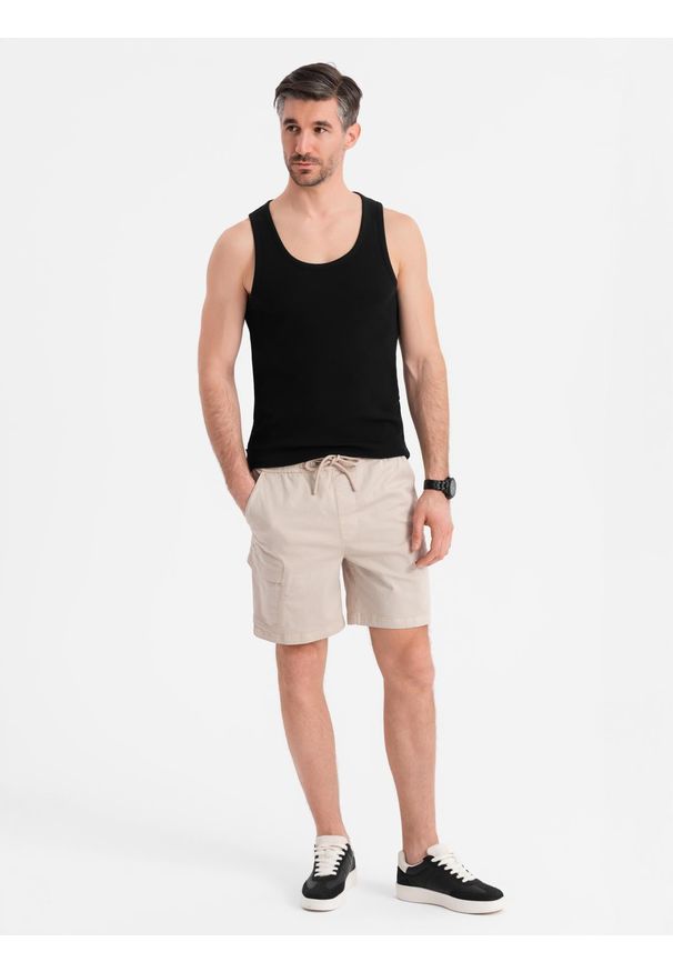 Ombre Clothing - Szorty męskie o luźnym kroju z kieszeniami typu cargo – kremowe V1 - Rozmiar: XL. Okazja: na co dzień. Kolor: kremowy. Materiał: tkanina, dzianina, materiał, bawełna, elastan. Sezon: lato. Styl: klasyczny, casual, elegancki
