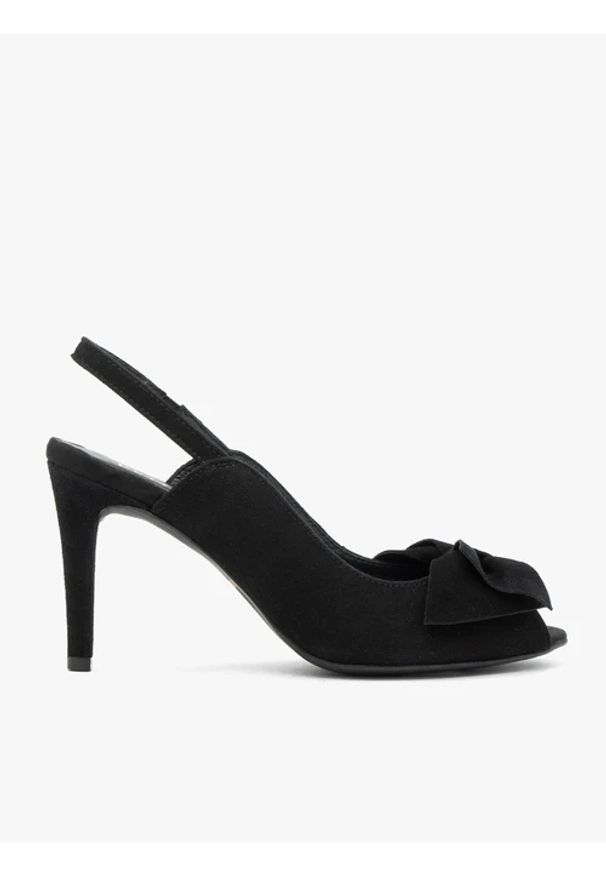 Ryłko - Czarne sandały peep toe z kokardą. Okazja: na sylwestra. Nosek buta: otwarty. Kolor: czarny. Materiał: skóra, welur. Styl: klasyczny, elegancki, street