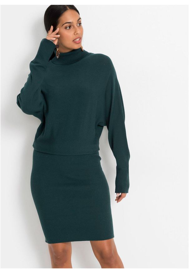 bonprix - Sukienka dzianinowa. Typ kołnierza: golf. Kolor: niebieski. Materiał: dzianina. Styl: elegancki