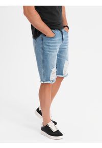 Ombre Clothing - Krótkie męskie spodenki jeansowe z przetarciami i dziurami – jasnoniebieskie V2 OM-SRDS-0157 - XXL. Okazja: na co dzień. Kolor: niebieski. Materiał: jeans. Długość: krótkie. Wzór: aplikacja. Sezon: lato. Styl: klasyczny, casual #3