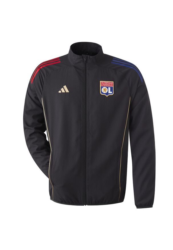 Adidas - Kurtka dresowa Prematch OL 2025/26. Kolor: czarny. Materiał: dresówka. Sport: piłka nożna