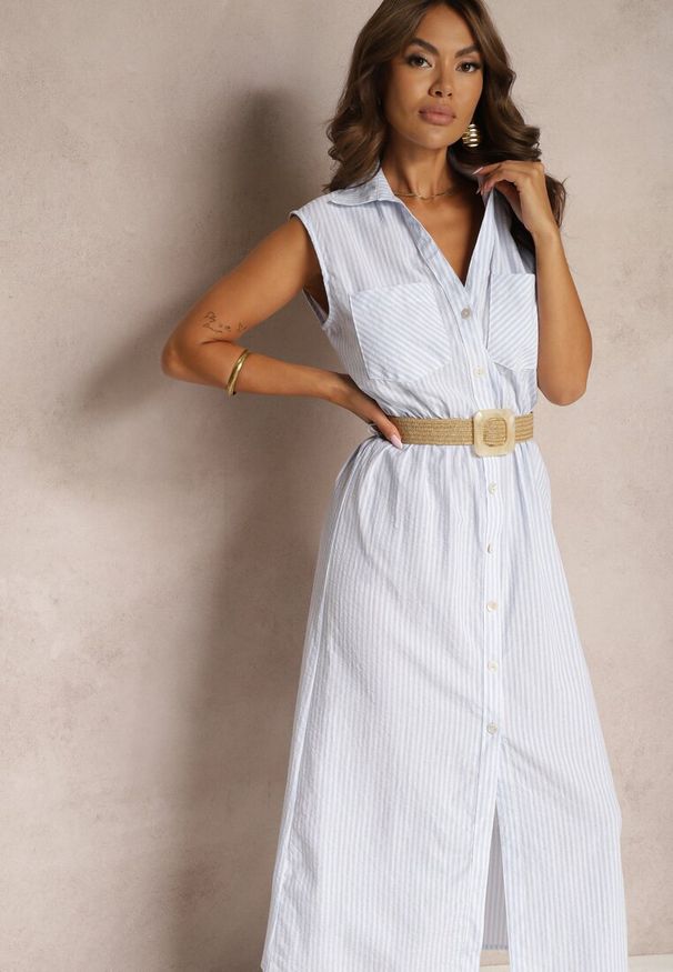 Renee - Niebieska Koszulowa Sukienka z Bawełny Bez Rękawów z Paskiem i Gumką w Talii Zalorea. Okazja: na co dzień. Kolor: niebieski. Materiał: bawełna. Długość rękawa: bez rękawów. Typ sukienki: koszulowe. Styl: casual