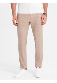 Ombre Clothing - Męskie spodnie o klasycznym kroju w delikatną kratę - piaskowe V2 OM-PACP-0187 - XXL. Materiał: poliester, materiał, wiskoza. Styl: klasyczny #3